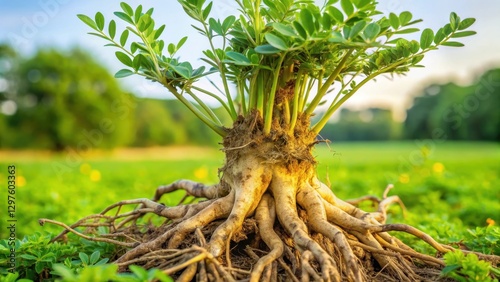 Close-up detail of a wild astragalus plant with intricate root system and branching stem in a green field, showcasing its unique texture and morphology , forest, foliage