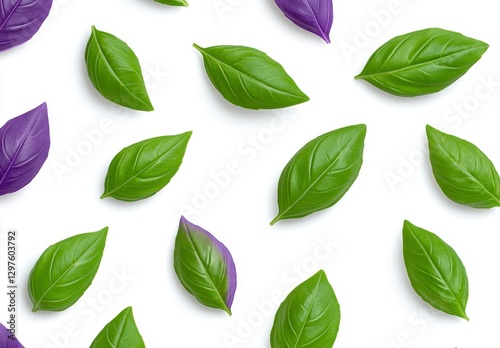 Wallpaper Mural Flat lay of green and purple basil leaves arranged on a white background. The vibrant colors and simple composition create a clean, fresh aesthetic Torontodigital.ca