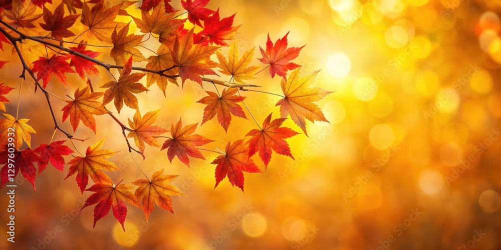 Soft focus autumn maple branch with red and yellow leaves against a warm golden background Soft focus autumn maple branch with red and yellow leaves against a warm golden background