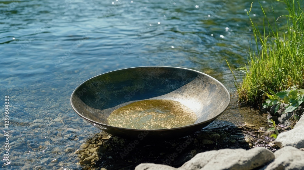 Shallow Metal Bowl on Riverbank Surrounded by Nature's Elements Shallow Metal Bowl on Riverbank Surrounded by Nature's Elements