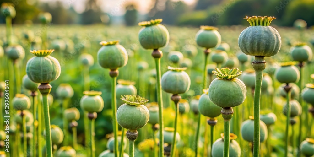 Opium poppy unripe pod capsules in cultivated field with green leaves and brown stems amidst the landscape , agricultural, unripe pods Opium poppy unripe pod capsules in cultivated field with green leaves and brown stems amidst the landscape , agricultural, unripe pods