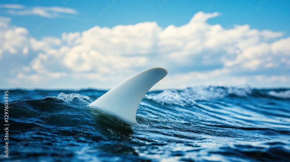 Fototapeta premium Shark Fin Emerging from Ocean Waves Under a Blue Sky