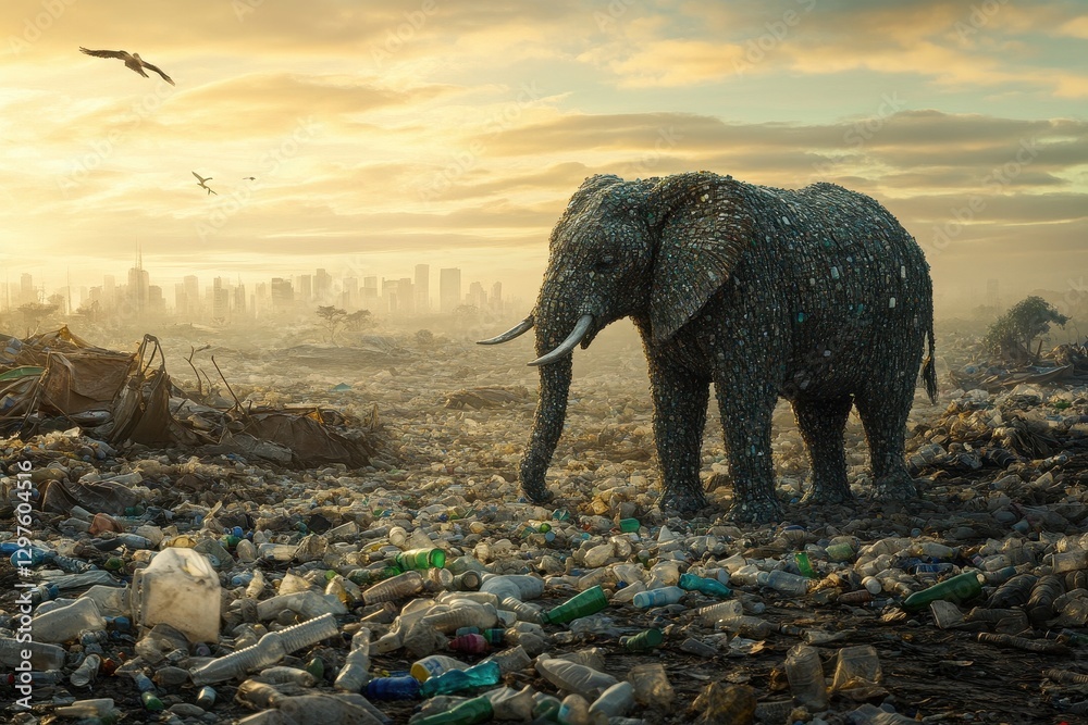 Fototapeta premium Majestic Elephant Sculpture Made Entirely of Plastic Bottles in a Landfill Scene
