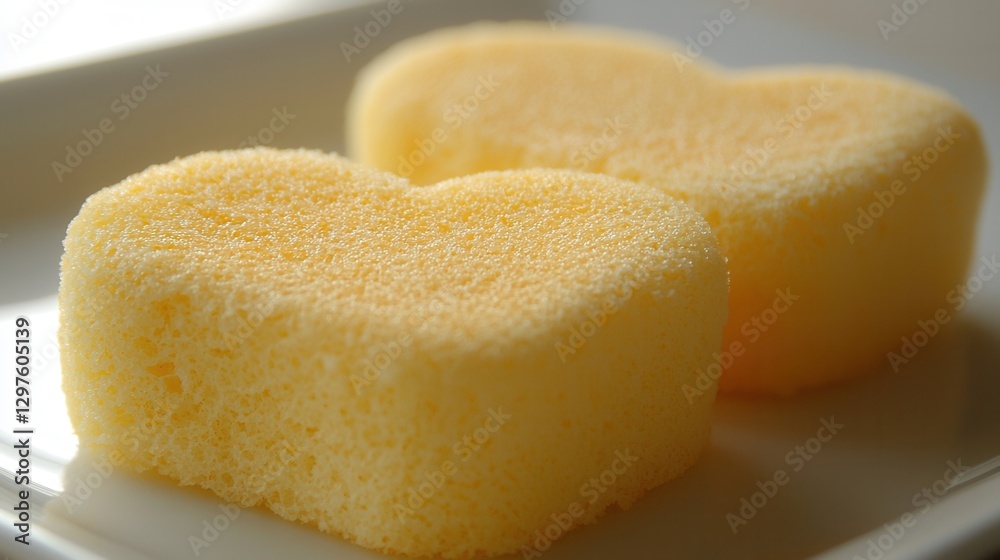 Two Heart Shaped Light Yellow Sponge Cakes On White Plate Two Heart Shaped Light Yellow Sponge Cakes On White Plate