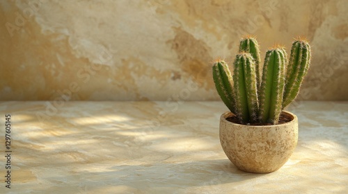 Green cactus plant in pot on neutral background