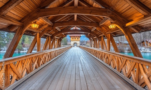 Wooden bridge over lake, winter scene