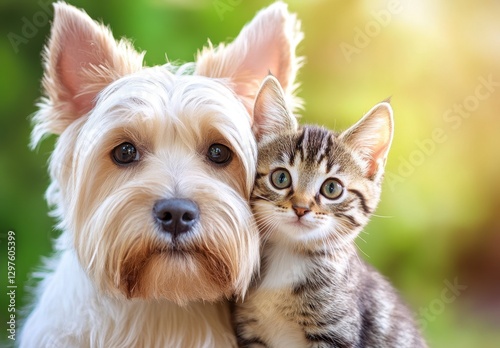 Close up portrait of a fluffy West Highland White Terrier dog and a tabby kitten cuddling together outdoors on a sunny day. The animals gaze directly