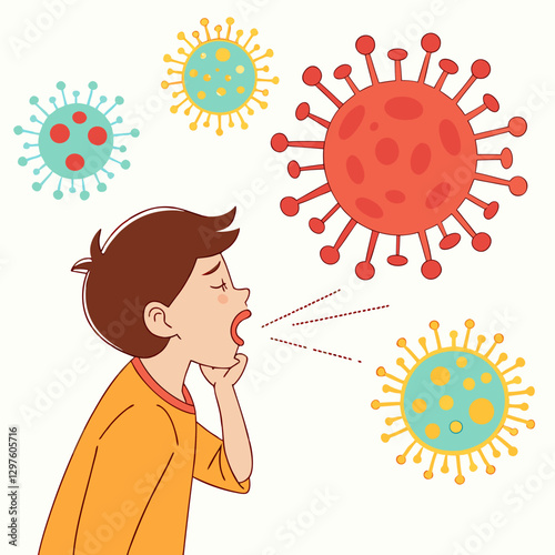 Ailing boy with respiratory droplets surrounded by virus illustration