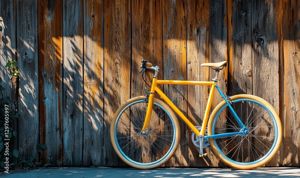 Yellow bicycle leans against rustic wooden fence Yellow bicycle leans against rustic wooden fence