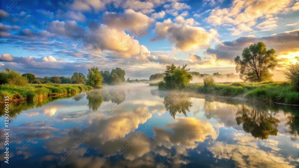 Fototapeta premium clouds gather over serene river, tranquil nature, gentle mist