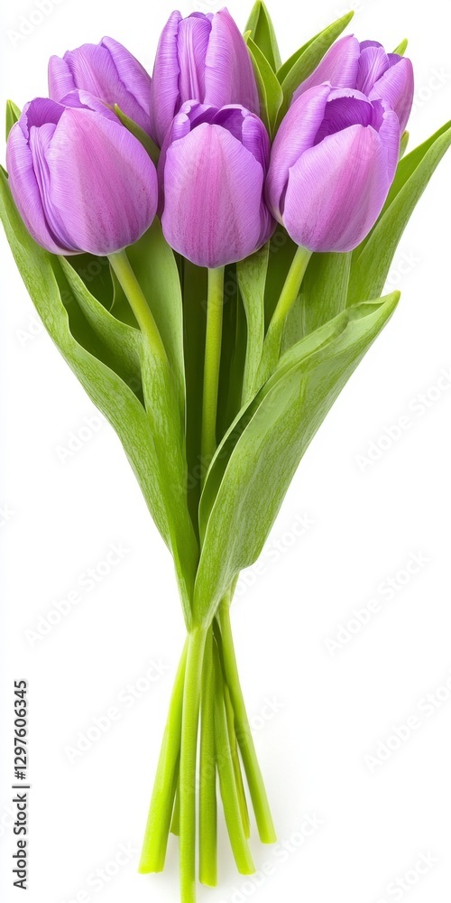 Close up of a bouquet of five lavender tulips with vibrant green stems against a white background. The image is well lit, showcasing the petals' Close up of a bouquet of five lavender tulips with vibrant green stems against a white background. The image is well lit, showcasing the petals'