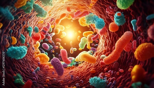 3D Illustration of Colorful and Diverse Intestinal Bacteria Floating Around in Human Gut. Concept of Gut Flora and Microbiome.
