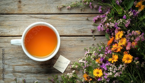 Fresh herbal tea with vibrant flowers arranged on rustic wooden tabletop for relaxation