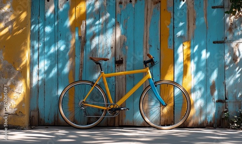 Yellow bike leans on rustic door
