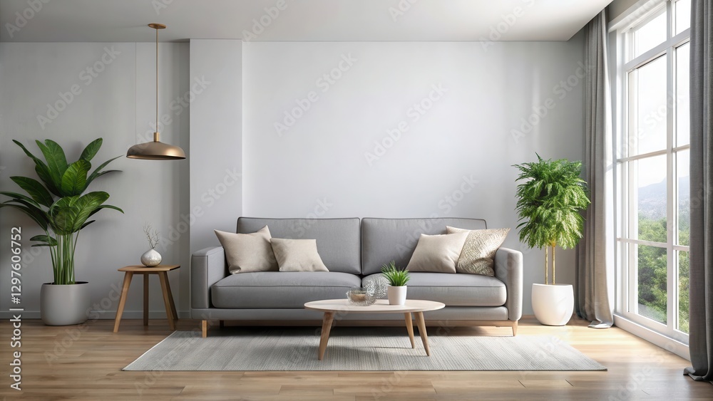 Fototapeta premium Minimalist Living Room with Grey Sofa, calm atmosphere, natural light, calm atmosphere