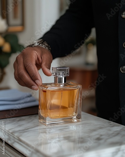 Elegant perfume bottle held by a man on a marble countertop in a sophisticated setting