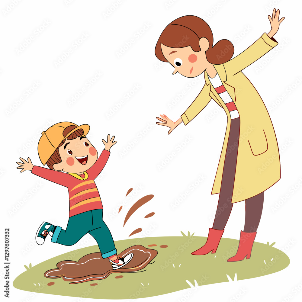 Joyful Adventure: A Kid's Mud Puddle Splash and Mother's Concerned Look Joyful Adventure: A Kid's Mud Puddle Splash and Mother's Concerned Look