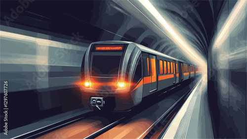 The image depicts a modern, high-speed train moving through a dark tunnel.  The train is predominantly gray and orange, with bright headlights illuminated.  A strong motion blur effect emphasizes