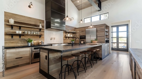 An urban loft kitchen with a black metal island, reclaimed wood cabinets, Edison bulb lighting, and a steel pipe open-shelving system.