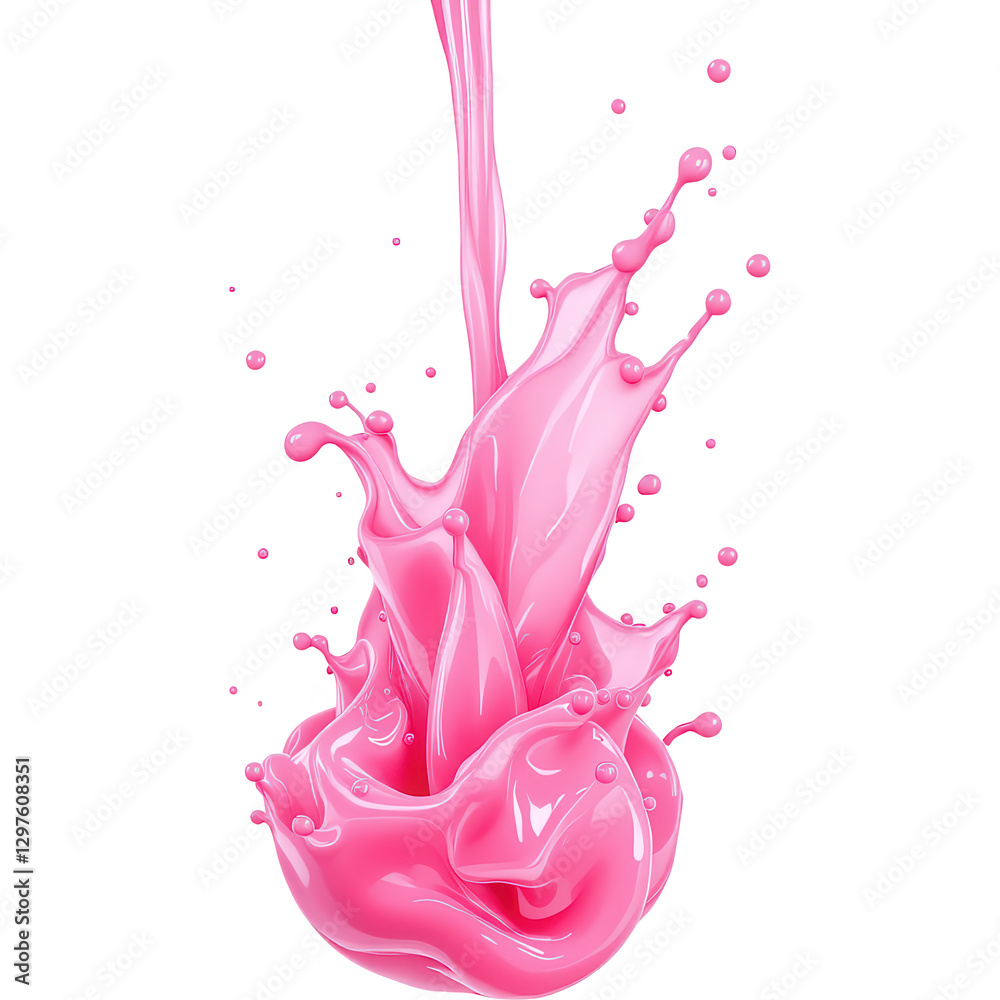 Fototapeta premium A 3D rendered image of vibrant pink liquid splashing in the air, capturing the dynamic motion and fluidity of the splash against a white background.