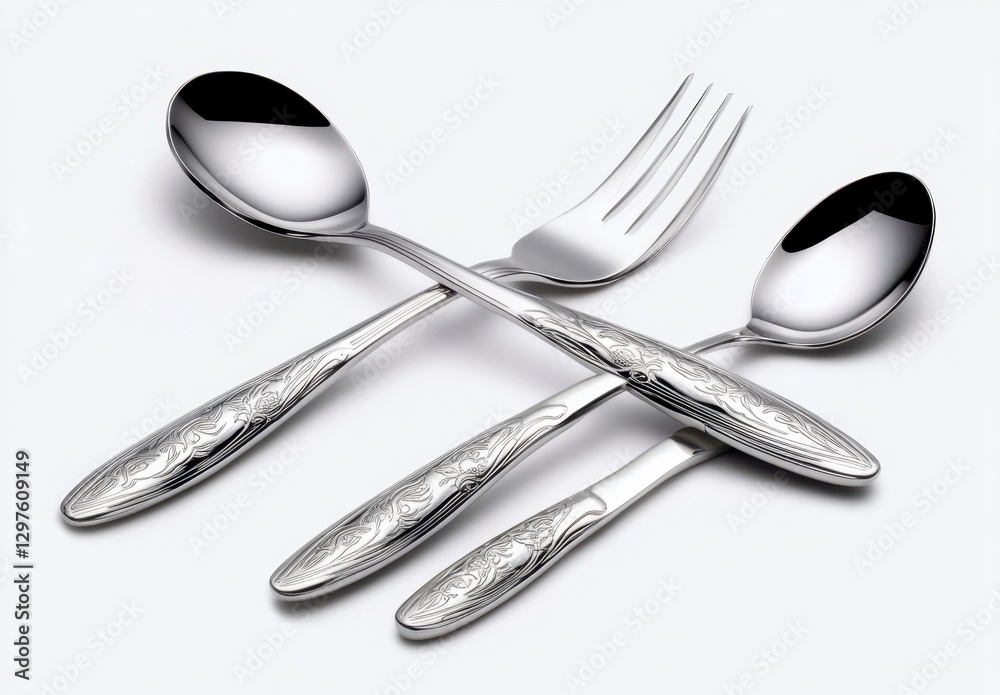 Elegant stainless steel spoon and fork set with ornate embossed handles, arranged on a white background. The cutlery is polished to a high sheen Elegant stainless steel spoon and fork set with ornate embossed handles, arranged on a white background. The cutlery is polished to a high sheen