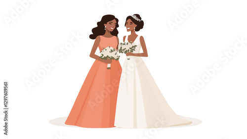 Digital illustration of two women, one in a peach-colored gown and the other in a white wedding gown.  Both women have dark brown skin and hair, and are smiling.  They are holding bouquets of white
