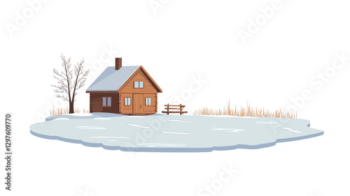 A digital illustration depicting a small, brown cottage situated on a snow-covered landscape beside a frozen pond.  A bare tree and a simple bench are visible near the cottage. The style is