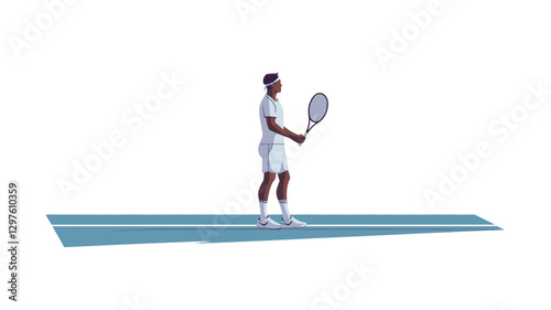 The image shows a full-length, profile view of a male tennis player standing on a stylized, light-blue rectangular surface resembling a tennis court. The court is set against a pure white