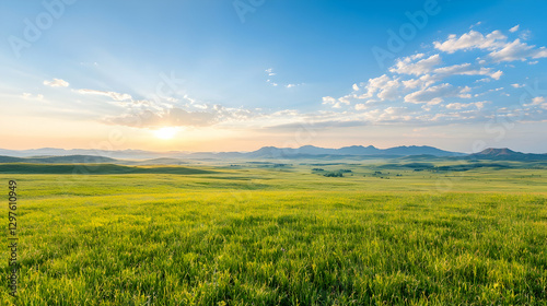Vast green grassland meadow under a bright blue sky with sun rays shining over distant mountains at sunrise.