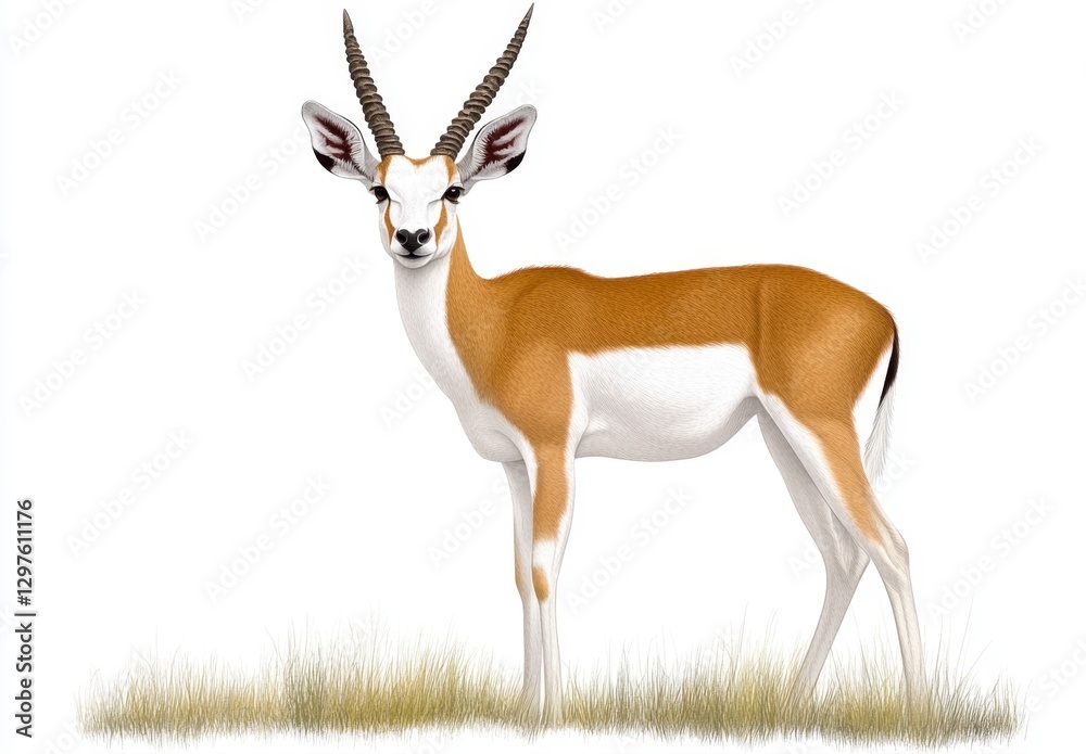 A detailed illustration of an antelope, showcasing its tan and white coat, curved horns, and alert expression. Set against a simple background of A detailed illustration of an antelope, showcasing its tan and white coat, curved horns, and alert expression. Set against a simple background of