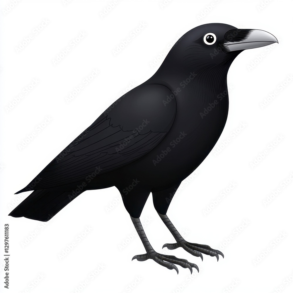 Fototapeta premium Black bird illustration on white background, detailed profile view showing feathers, beak, and legs