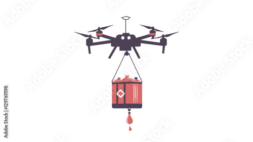 A stylized vector illustration depicting a black quadcopter drone carrying a red container, presumably containing blood or other medical supplies, suspended from a hook.  The container features a