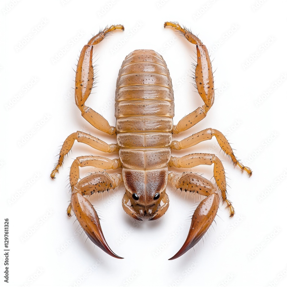 Light brown scorpion viewed from above against a white background. Detailed view of its segmented body, legs, and claws. Studio shot Light brown scorpion viewed from above against a white background. Detailed view of its segmented body, legs, and claws. Studio shot
