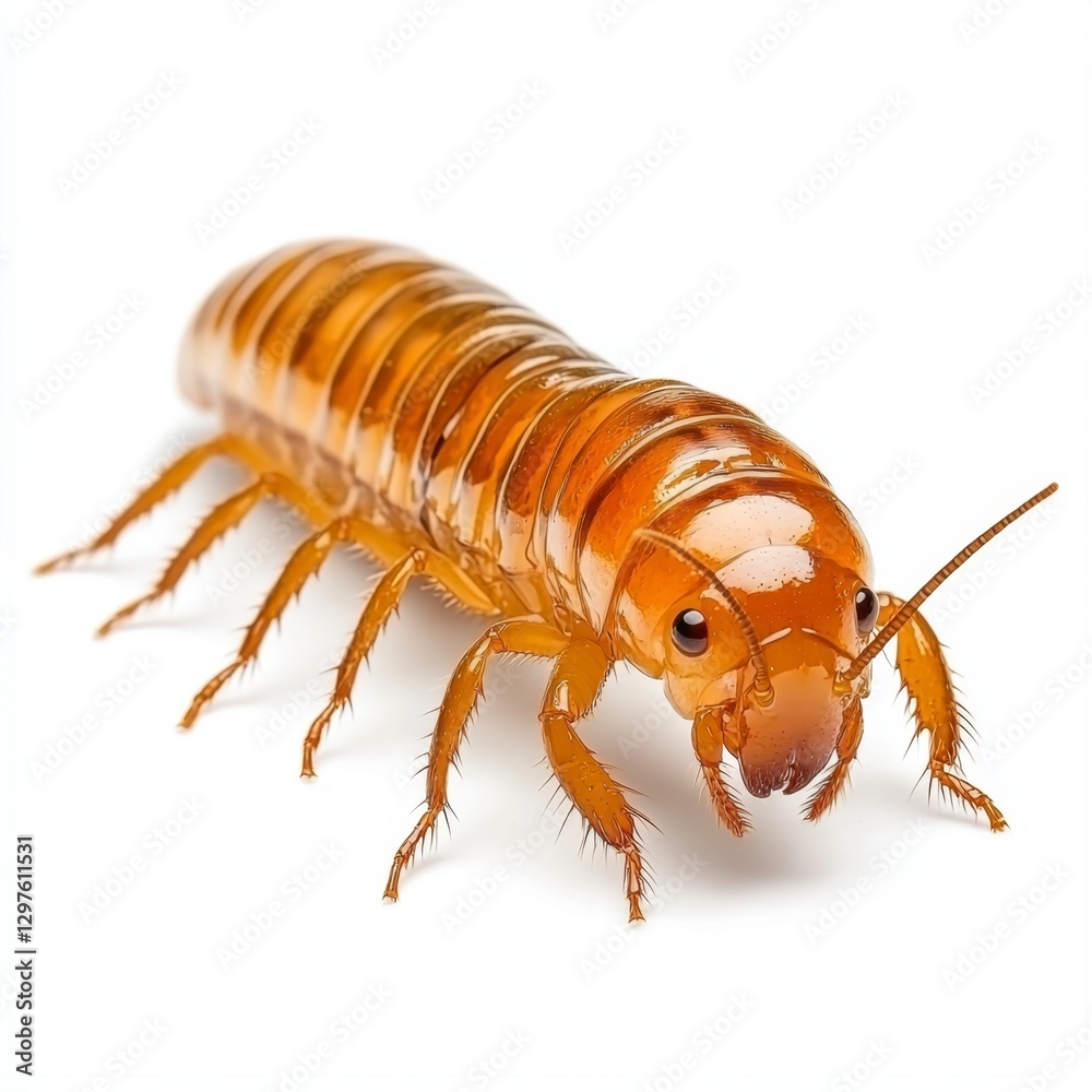 Detailed close up of a light brown insect with segmented body and long antennae against a white background. The insect is in sharp focus, showing Detailed close up of a light brown insect with segmented body and long antennae against a white background. The insect is in sharp focus, showing