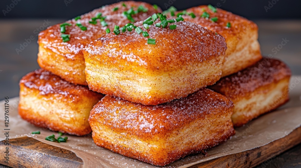 Stacked sweet pastries sprinkled with chives Stacked sweet pastries sprinkled with chives