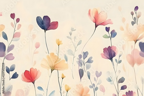 Romantic Watercolor Floral Meadow with Delicate Blooms and Soft Texture