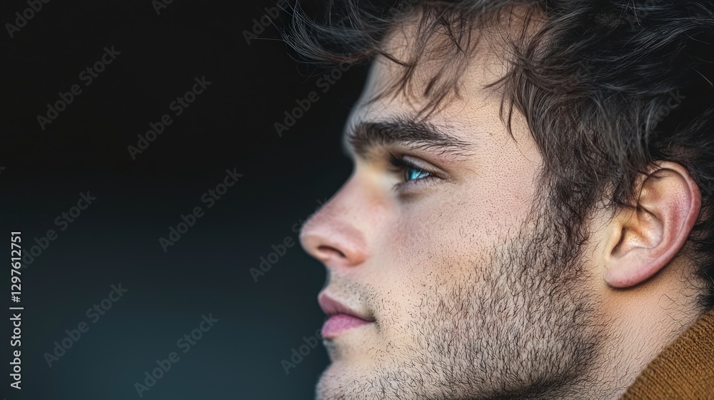 Naklejka premium Pensive Young Man Profile Handsome Face Blue Eyes Casual Style
