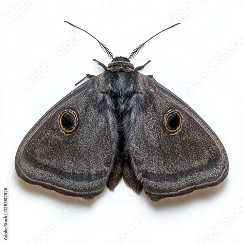 Close up view of a dark gray moth with two prominent, ringed, yellow orange eyespots on its wings, set against a stark white background. The moth's