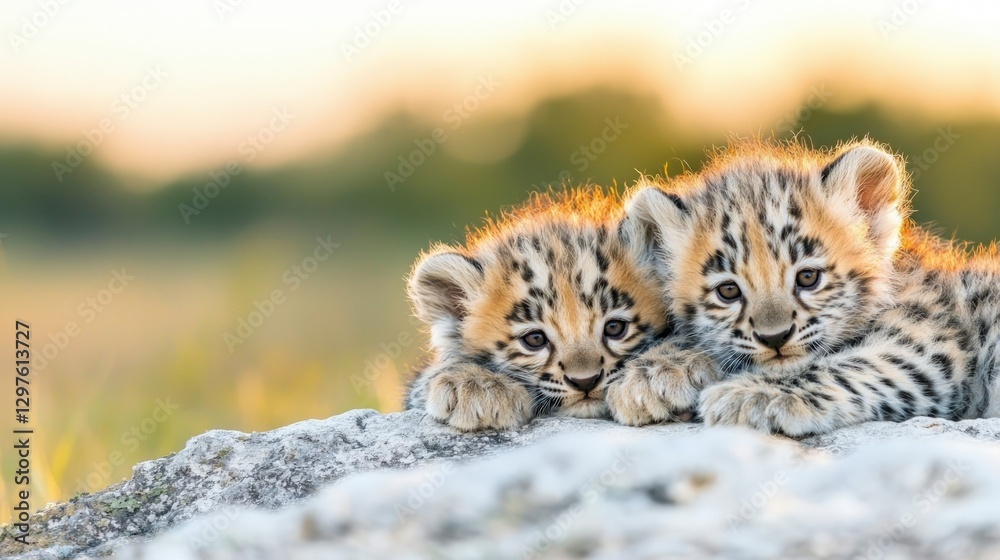Fototapeta premium Adorable Tiger Cubs Sunset Wildlife Nature Family Baby Animals Cute Wild Cats Golde