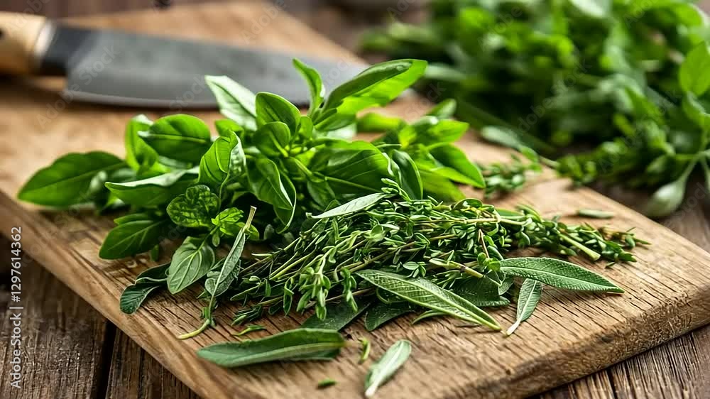 Fresh herbs on a wooden cutting board with a knife, showcasing vibrant green colors and textures