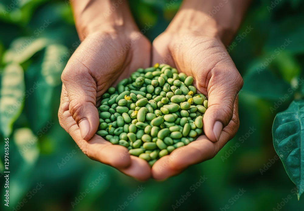 Close-Up of Hands Holding Freshly Harvested Green Seeds Surrounded by Healthy Leaves in a Lush Agricultural Field Close-Up of Hands Holding Freshly Harvested Green Seeds Surrounded by Healthy Leaves in a Lush Agricultural Field