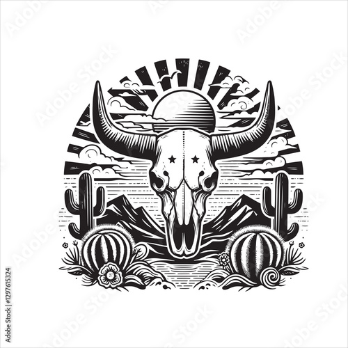 vector bull skull, cacti, mountains, and a setting sun t-shirt