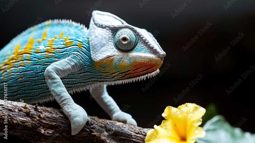 Fototapeta premium Vibrant Chameleon on Branch Exotic Reptile Closeup Colorful Lizard