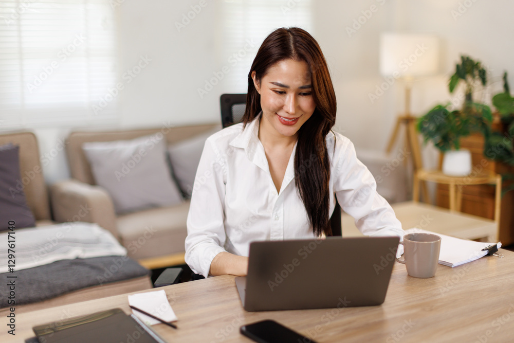 Successful business asian woman using laptop, working in home office. Business technology corporate concept.
Successful business asian woman using laptop, working in home office. Business technology corporate concept.