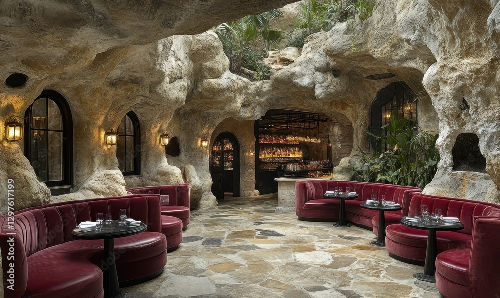 Unique cave-style interior design featuring red seating and natural stone architecture in a restaurant