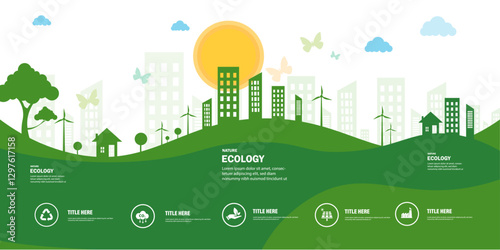 Net zero ecology concept of green life with natural environment city, tree, renewable energy sustainability, recycling