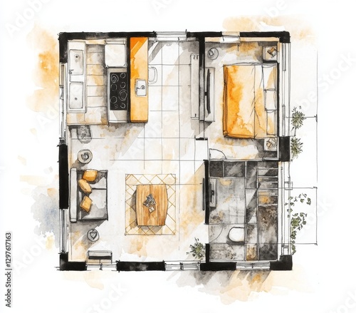 Watercolor Floor Plan of Small Studio Apartment with Kitchen, Living Area, and Bedroom