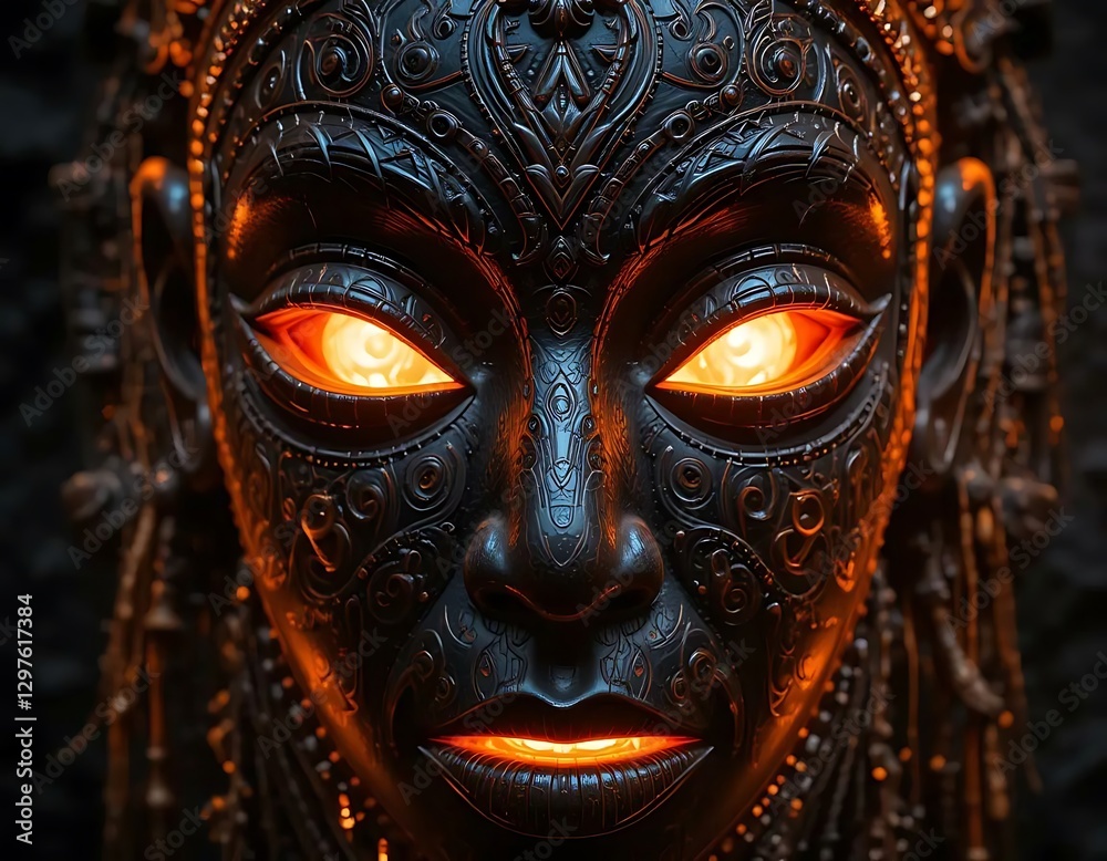 Naklejka premium Ornate Carved Face with Glowing Eyes and Lips Close-up