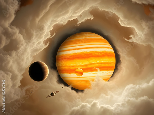 digital image of Jupiter, the largest planet in the solar system, with its turbulent and colorful atmosphere.