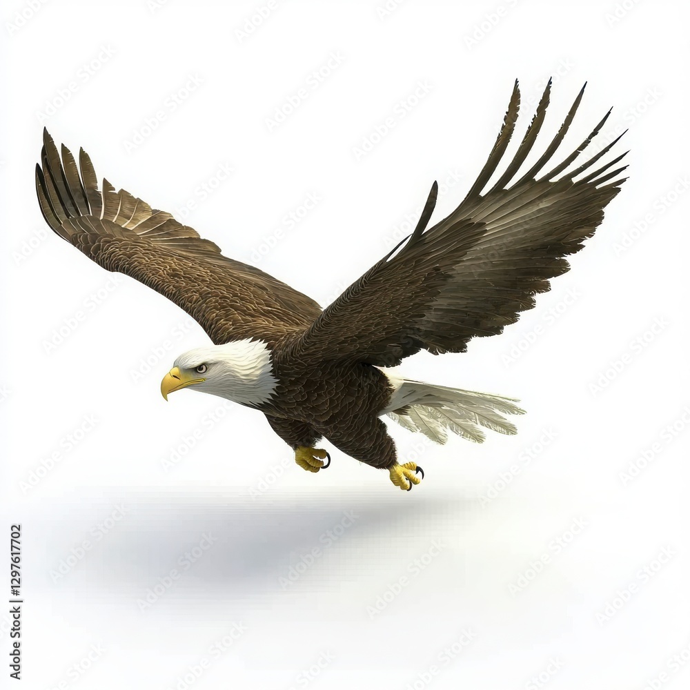 Fototapeta premium Majestic Bald Eagle in Flight with Outstretched Wings Against White Background
